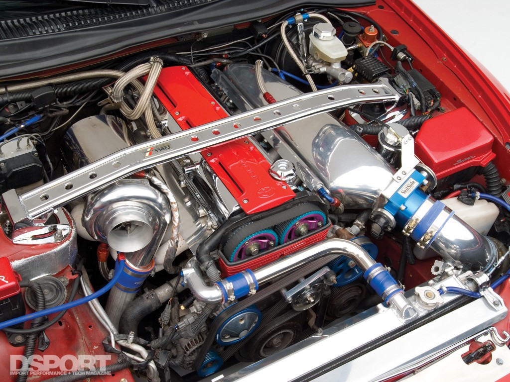 The 2JZ-GTE engine bay on Tony's 9 second Supra