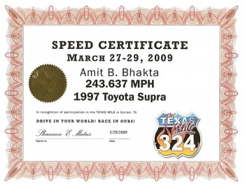 Speed certificate from the Texas mile for the "Big Red" Toyota Supra