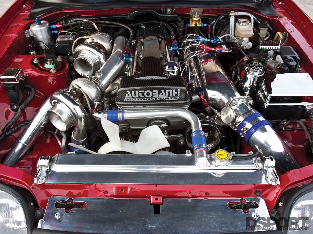 2JZ engine bay of the "Big Red" Toyota Supra