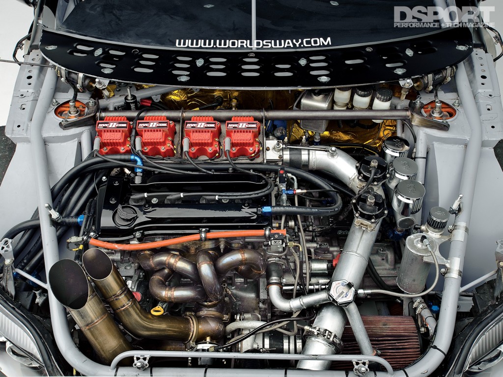 Engine bay of Chris Rado’s Scion tC