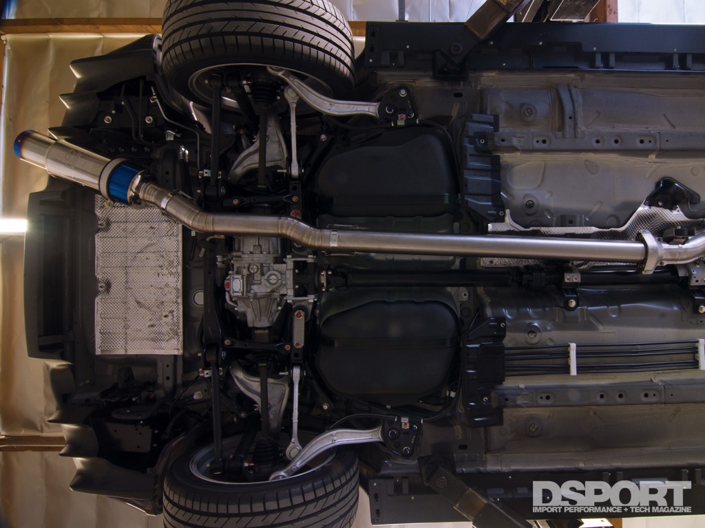 Underside of EVO X with a Tomei Exhaust installed