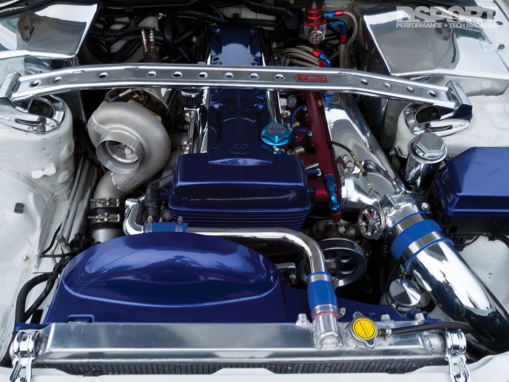 Engine bay of the 900 WHP Turbo Toyota Supra