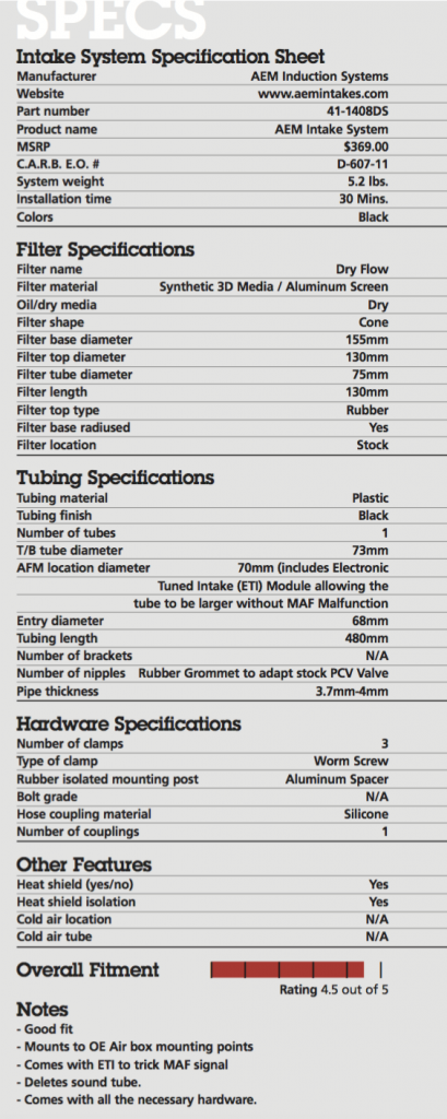 AEM Intake System specs