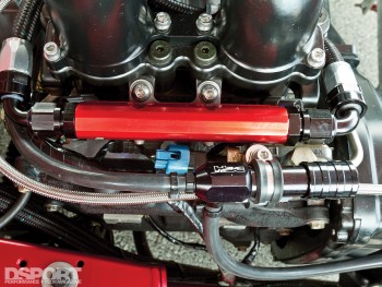 Closeup of the engine bay inside the Subaru Impreza RS