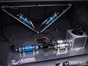 The fuel surge tank on the Tomczek’s Subaru STI