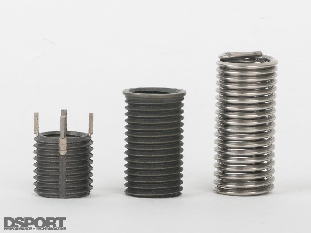 Three types of inserts used to used to repair a damaged thread