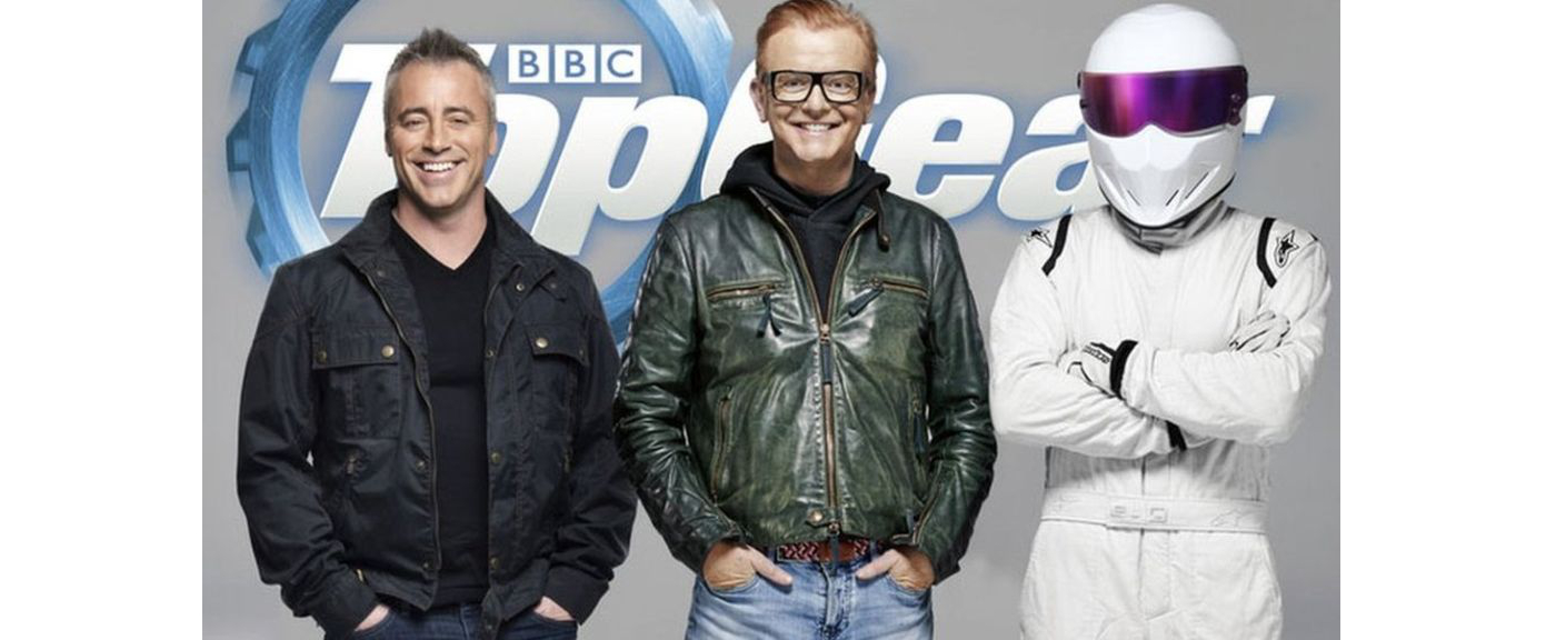 Top Gear presenters Matt LeBlanc, Chris Evans, and The Stig